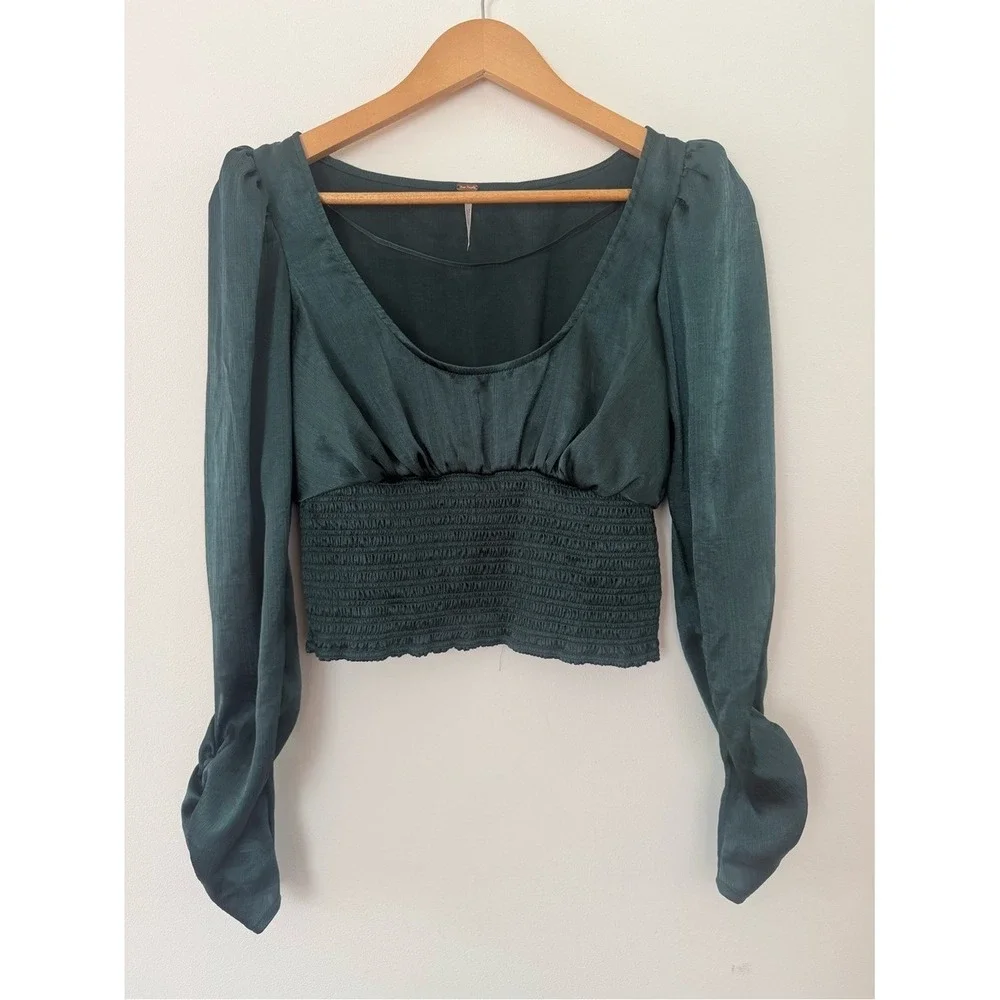 Free People Emerald Green Smocked Waist Crop Top Long Sleeve Button Cuff Small